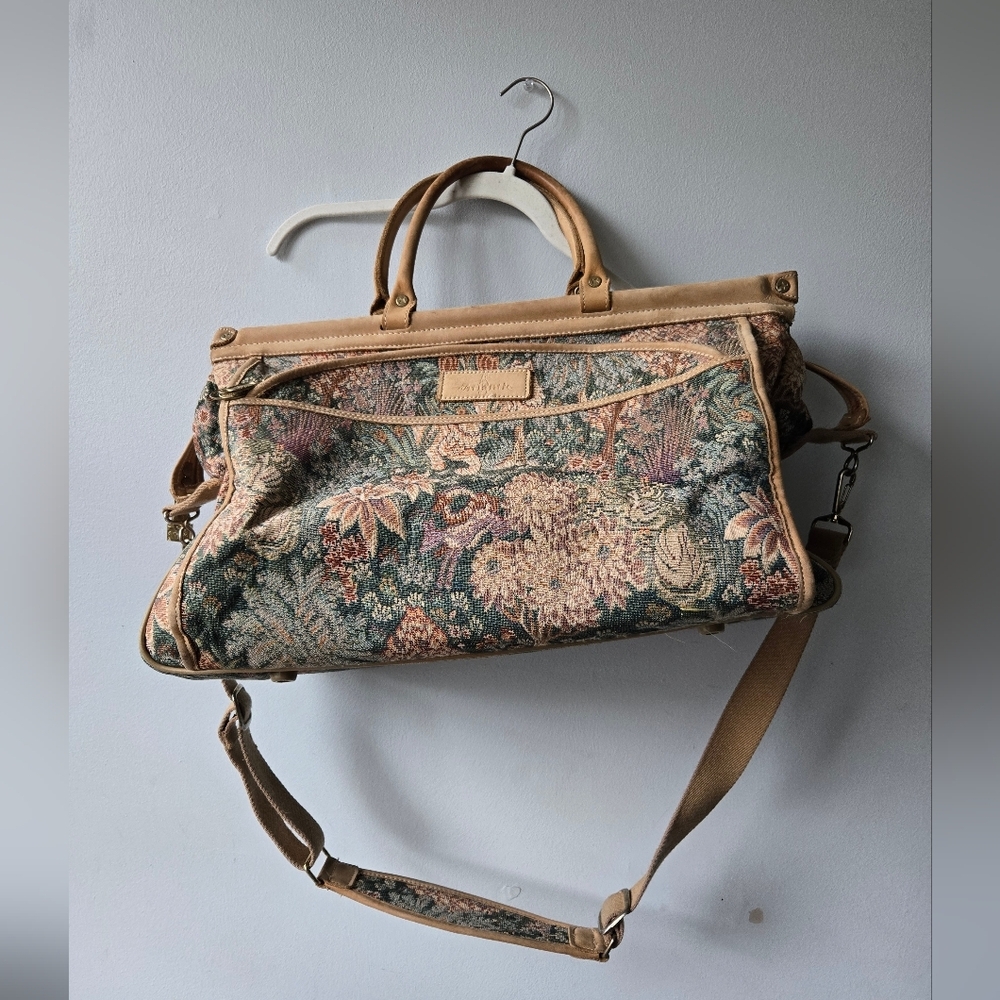Atlantic leather tapestry travel bag green floral vintage
